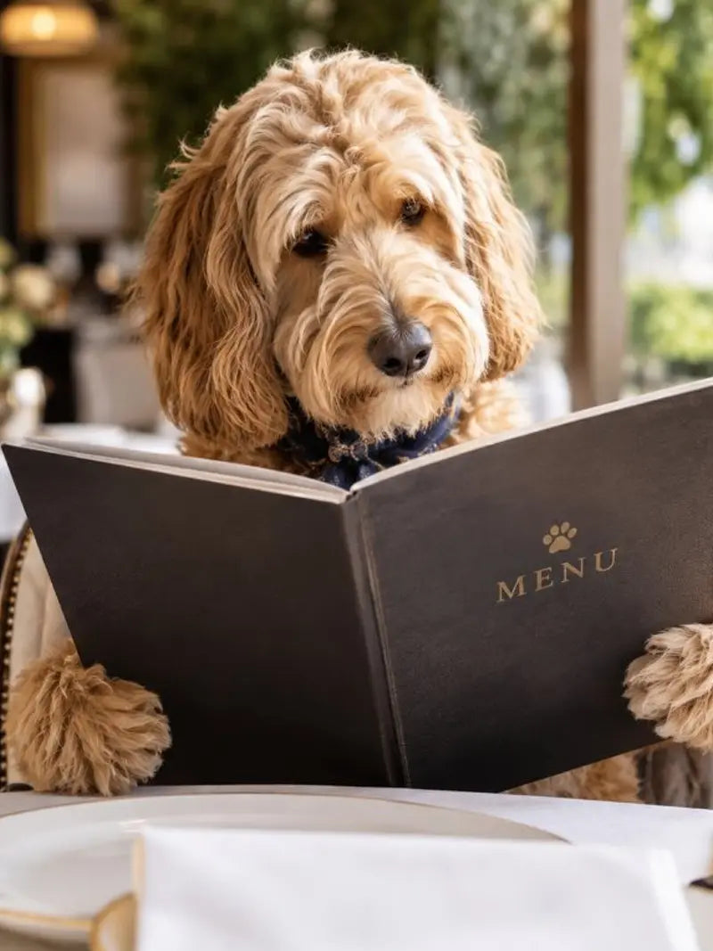 Dog in a restaurant with menù