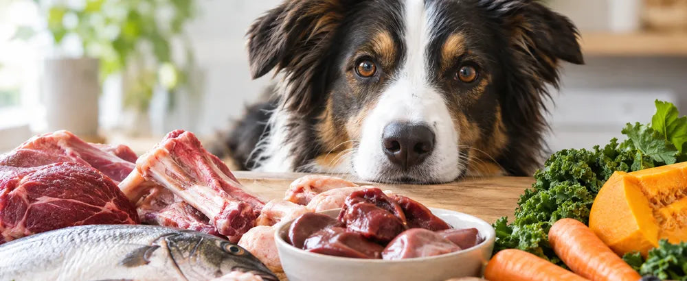 dog in front of various foods