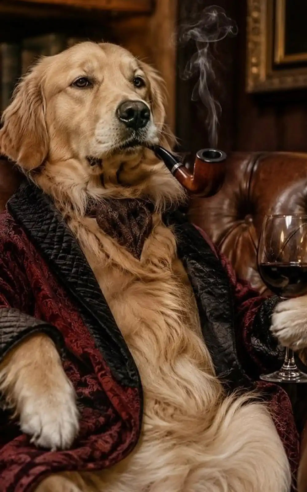a dog with a pipe and a glass of wine